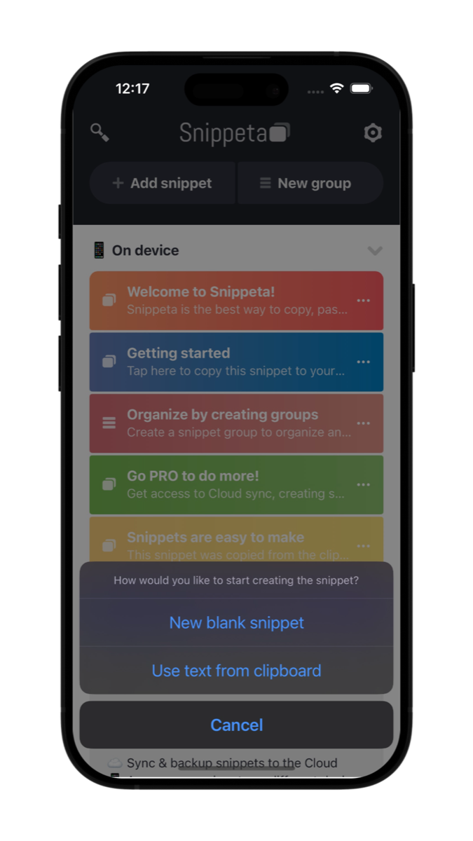 Snippeta option to start a new snippet from clipboard text
