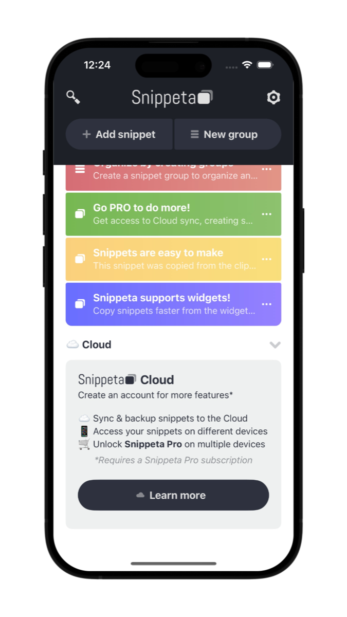 Snippeta Cloud section showing sync and backup features