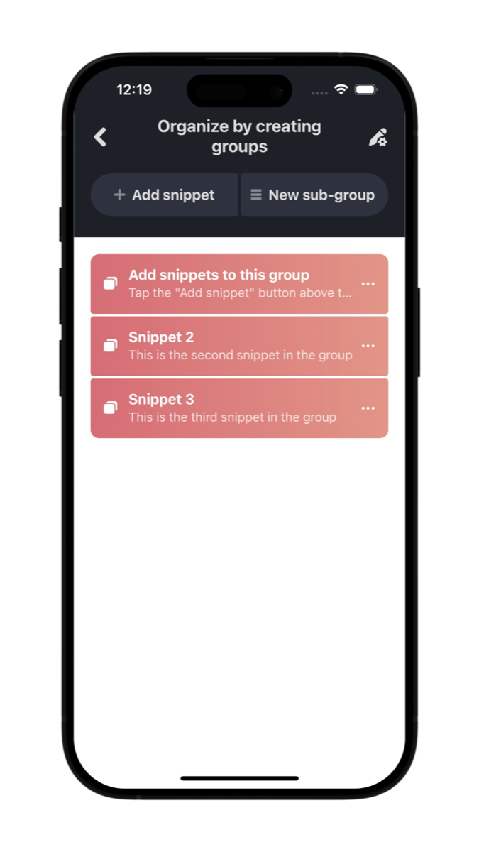 Snippeta group screen with organized snippets
