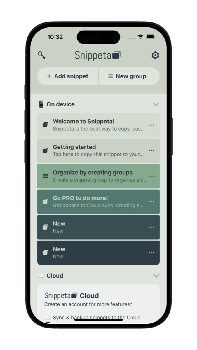 Snippeta library screen with a light theme