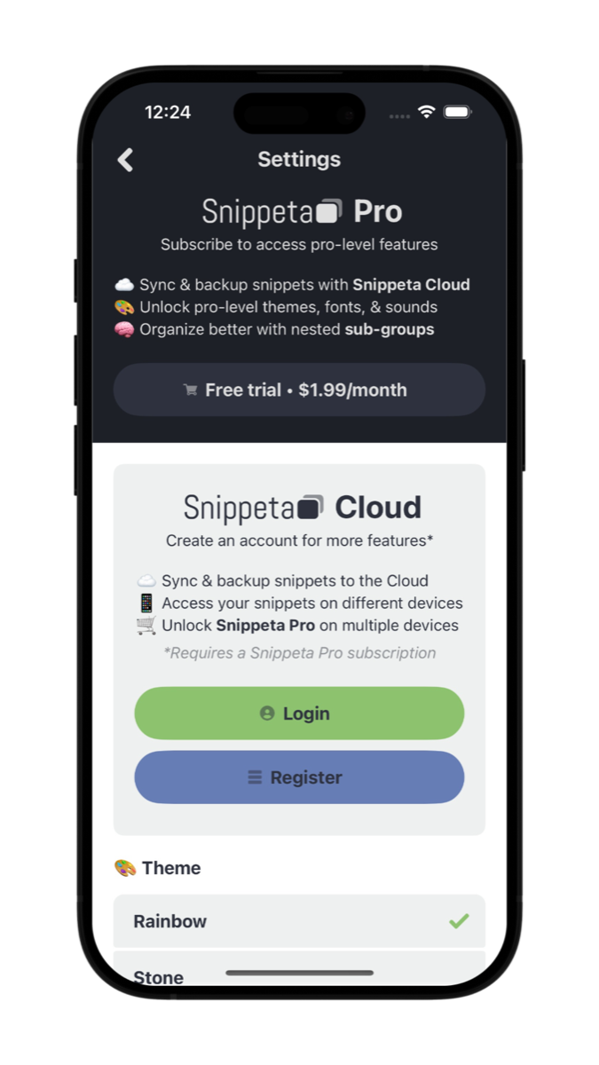 Snippeta Pro and Cloud settings screen